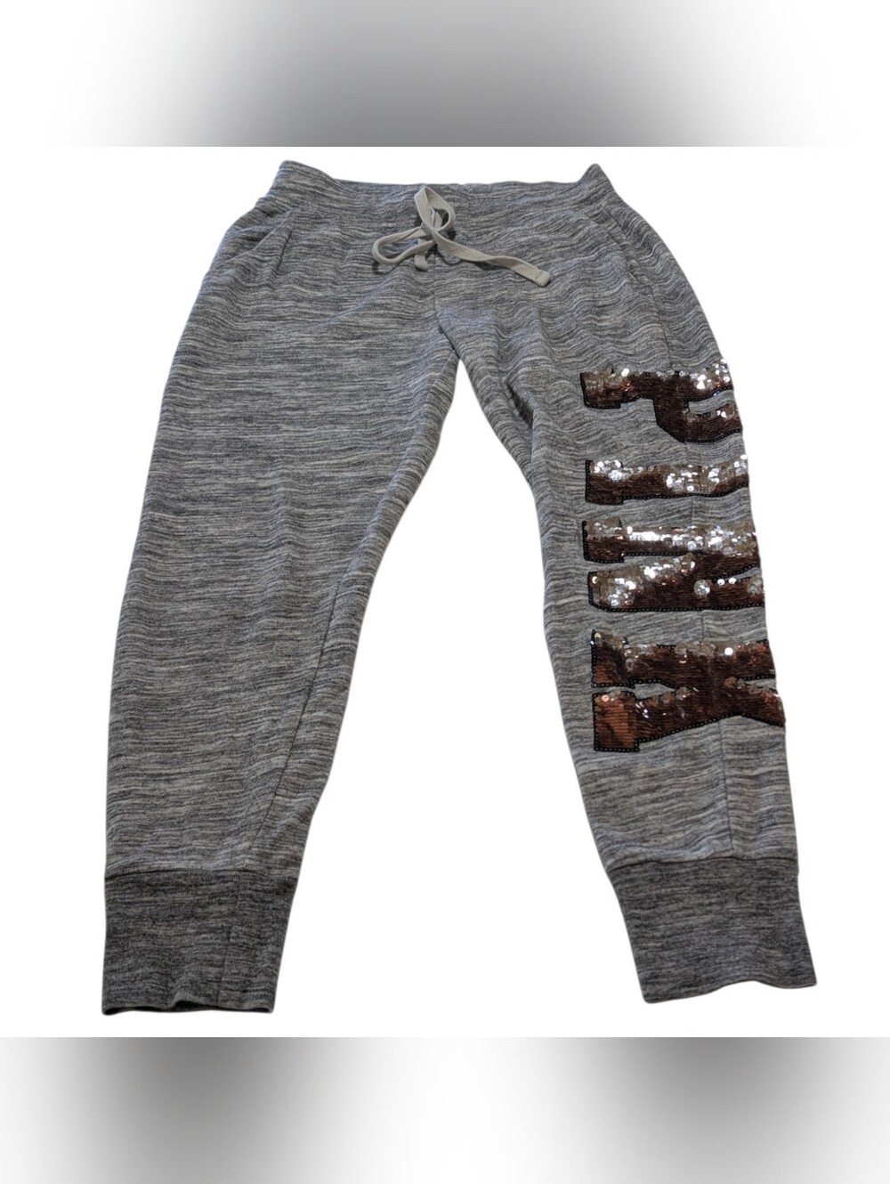 Victoria's Secret Pink Flip Sequins Bling Marled Gray LOGO Jogger Sweat Pants